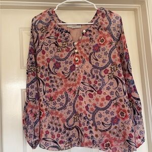 LOFT Pink Floral Paisley Button-Front Blouse
